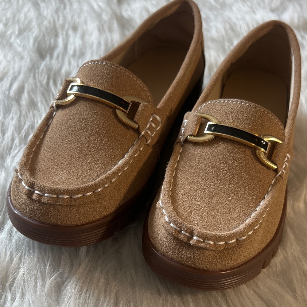 Classic Women's Camel Suede Loafers with Gold Accent